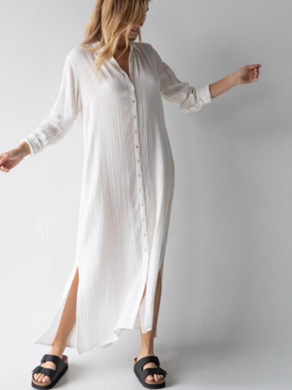 Natural Life Womens Maxi Shirt Dress Women’s Medium Gauze Pockets Slits Boho B13